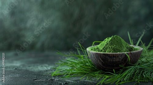 Green Superfood Powder in Bowl with Fresh Grass photo