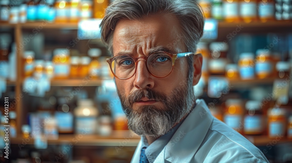 Middle-aged male pharmacist in white lab coat, glasses, gray beard, and blue tie. Serious expression in a pharmacy filled with medications, suggesting professionalism and seriousness. Middle-aged male pharmacist in white lab coat, glasses, gray beard, and blue tie. Serious expression in a pharmacy filled with medications, suggesting professionalism and seriousness.