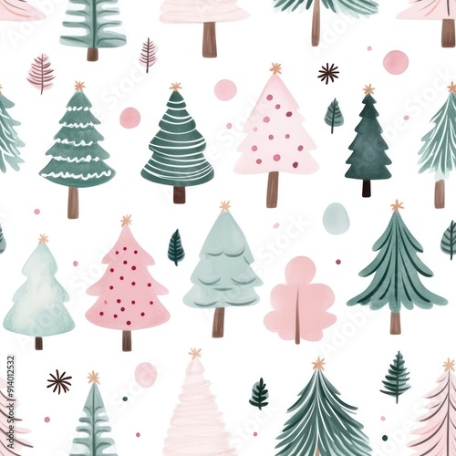 Whimsical Watercolor Christmas Trees with Fairy Lights in Minimalist Kawaii Style and Pastel Colors, seamless pattern, Generative Ai