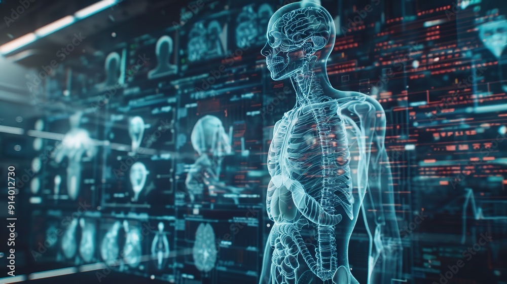 Human anatomy hologram in a futuristic digital environment. Human anatomy hologram in a futuristic digital environment.