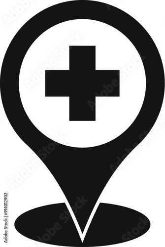 Simple black location pin showing medical cross symbol