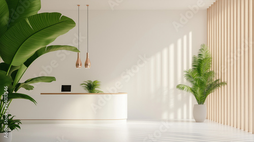 Sleek white office reception illuminated by natural sunlight and adorned with green plants