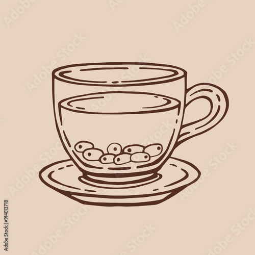 Cup of tea with sea buckthorn. Hand drawn vector illustration in outline style.
