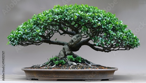 A bonsai in style, with its roots gracefully embracing a rock