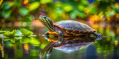 A serene freshwater turtle glides effortlessly through calm lake water, its scaly shell and gentle eyes a tranquil sight amidst lush aquatic vegetation surroundings. photo