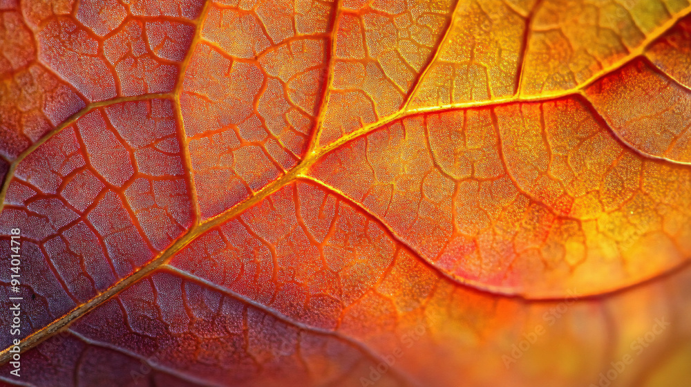 Obraz premium Close-up macro shot of autumn leaf veins, showcasing the intricate details and vibrant colors of the season. Suitable for nature, environmental, and botanical themes.