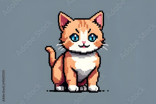 Classic 8 bit pixel illustration of cute smiling and sitting happy young cat on grey background