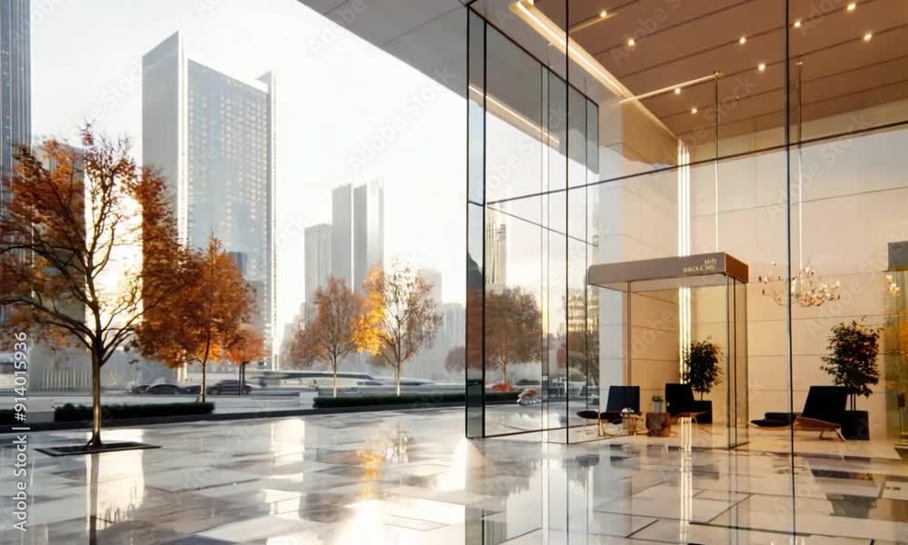 A modern cityscape viewed from the entrance of a contemporary building with glass walls, featuring autumnal trees and sleek skyscrapers under a bright, clear sky, highlighting urban elegance A modern cityscape viewed from the entrance of a contemporary building with glass walls, featuring autumnal trees and sleek skyscrapers under a bright, clear sky, highlighting urban elegance