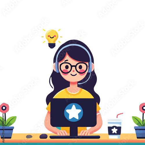 cartoon female coder with glasses, working on a computer