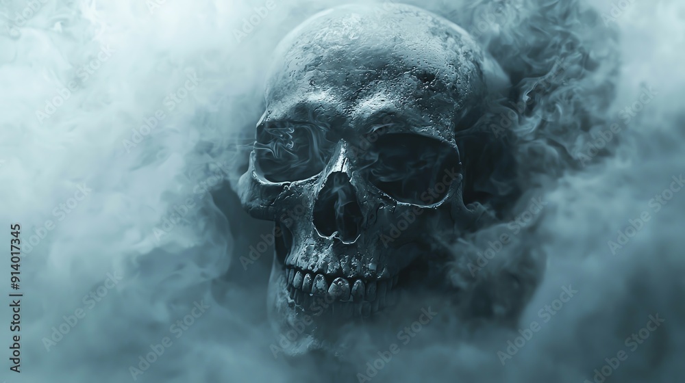 A realistic depiction of a skull with a dark tone, surrounded by mist, giving it a formidable and mysterious aura A realistic depiction of a skull with a dark tone, surrounded by mist, giving it a formidable and mysterious aura