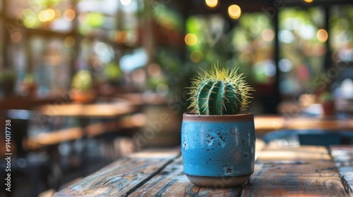 Cactus Plant in a Blue Pot on a Wooden Table