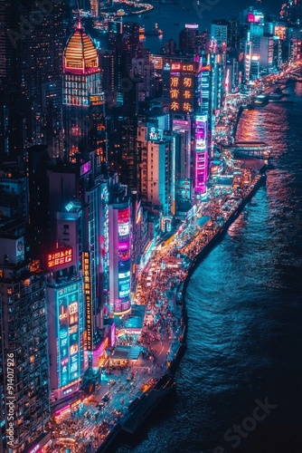 Artistic aerial view of a bustling coastal city at night, where neon signs and lit-up buildings reflect off the dark water. 