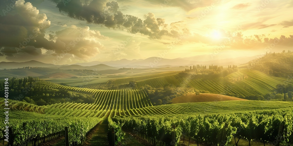 Naklejka premium Sunset over vineyards, picturesque vineyard landscape, symbolizing agriculture and wine production,