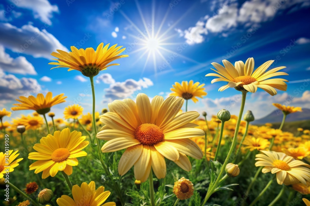 Vibrant yellow daisy flowers bloom in a lush green garden, surrounded by delicate petals and leaves, against a soft blue sky with gentle white clouds. Vibrant yellow daisy flowers bloom in a lush green garden, surrounded by delicate petals and leaves, against a soft blue sky with gentle white clouds.