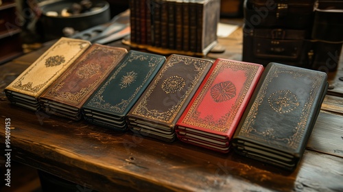 A close-up shot of a collection of vintage leather-bound books placed on a rustic wooden table.