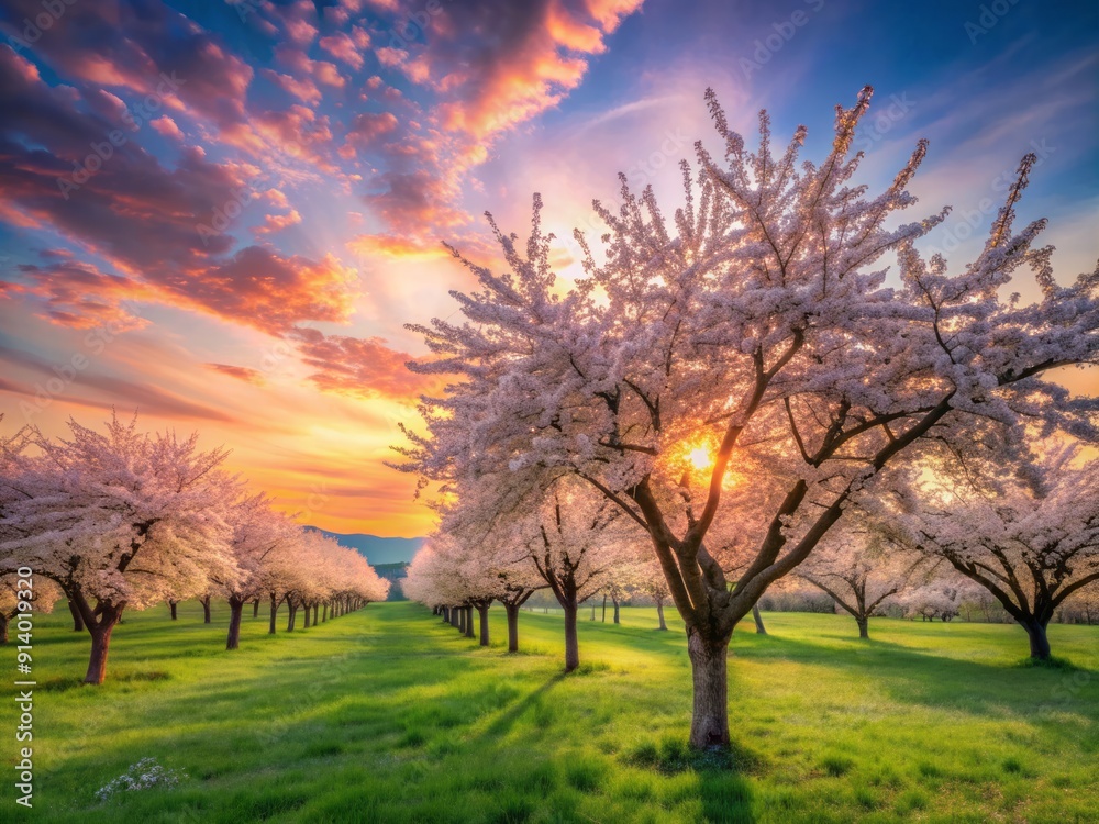 Soft pink and white cherry blossoms unfold beneath a serene, gradient-hued dawn sky, casting gentle shadows on the lush green grass in this idyllic orchard scene. Soft pink and white cherry blossoms unfold beneath a serene, gradient-hued dawn sky, casting gentle shadows on the lush green grass in this idyllic orchard scene.