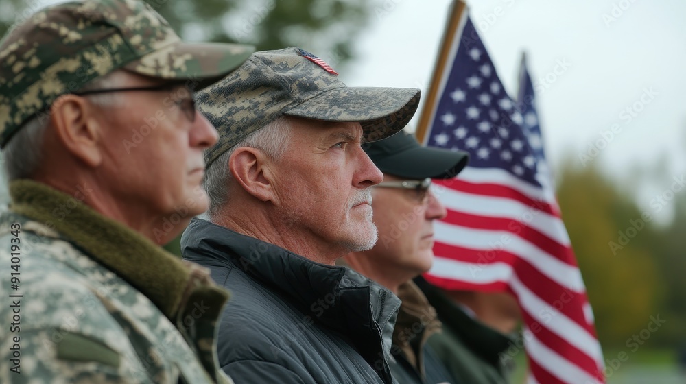 A group of veterans gathered at a memorial on Veterans Day, each holding an American flag, standing in solemn silence, the flags fluttering in the wind against a backdrop of the monument, capturing A group of veterans gathered at a memorial on Veterans Day, each holding an American flag, standing in solemn silence, the flags fluttering in the wind against a backdrop of the monument, capturing
