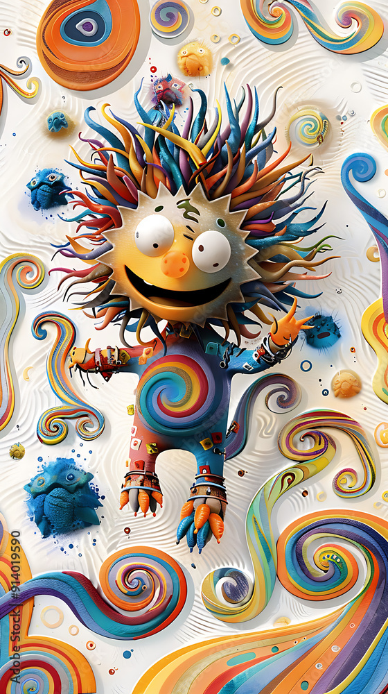 5. Cheerful Halloween goblin with spiky hair and a friendly smile, surrounded by swirling watercolor patterns in vibrant colors 5. Cheerful Halloween goblin with spiky hair and a friendly smile, surrounded by swirling watercolor patterns in vibrant colors