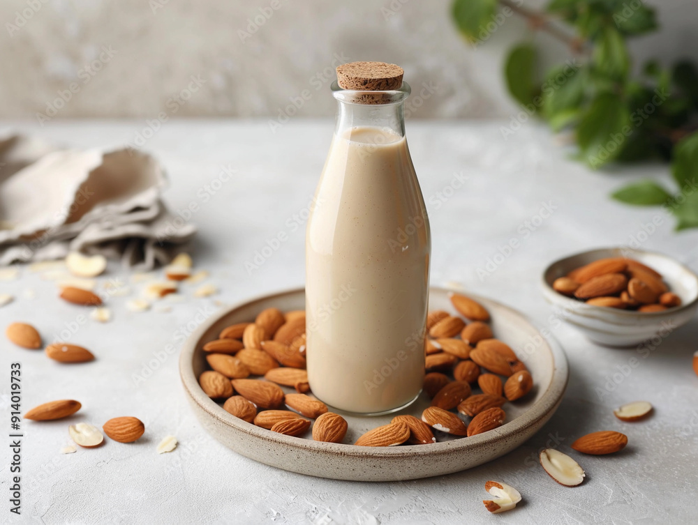 Almond Milk In A Glass Bottle Surrounded By Raw Almonds On A Light Surface Almond Milk In A Glass Bottle Surrounded By Raw Almonds On A Light Surface