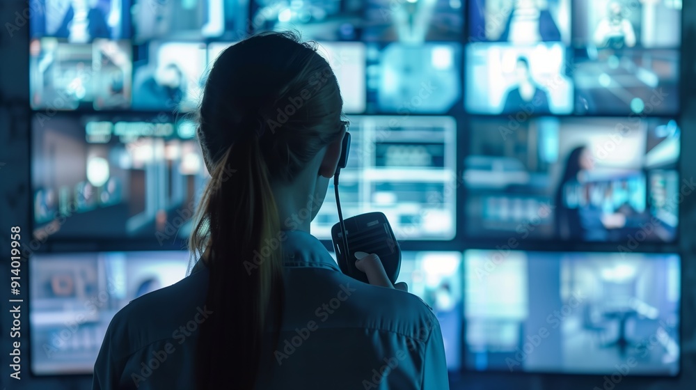 Security Operator Monitoring Multiple Surveillance Screens During Night Shift at Control Room Security Operator Monitoring Multiple Surveillance Screens During Night Shift at Control Room