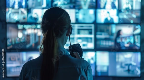 Security Operator Monitoring Multiple Surveillance Screens During Night Shift at Control Room