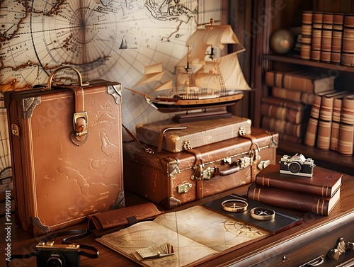 Vintage Travel Essentials for the Adventurous Globetrotter on Retro Study Desk photo