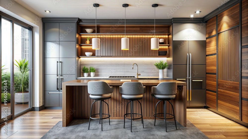 Modern kitchen interior features sleek bar counter, two chairs, and ...