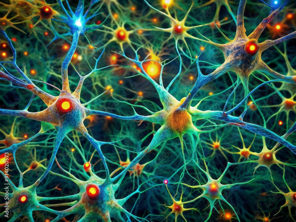 Vibrant microscopic image of cerebellar cortex astrocytes, their intricate branching processes and fine details strikingly illuminated by Golgi's silver chromate staining technique. Vibrant microscopic image of cerebellar cortex astrocytes, their intricate branching processes and fine details strikingly illuminated by Golgi's silver chromate staining technique.