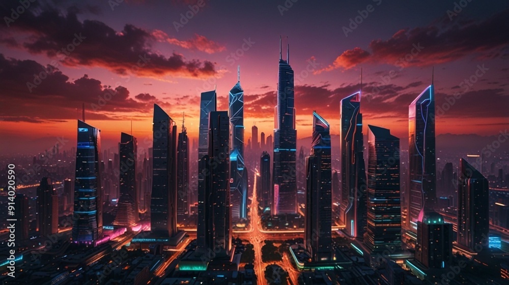 Fototapeta premium Futuristic Cityscape at Sunset with Neon Lights and Skyscrapers