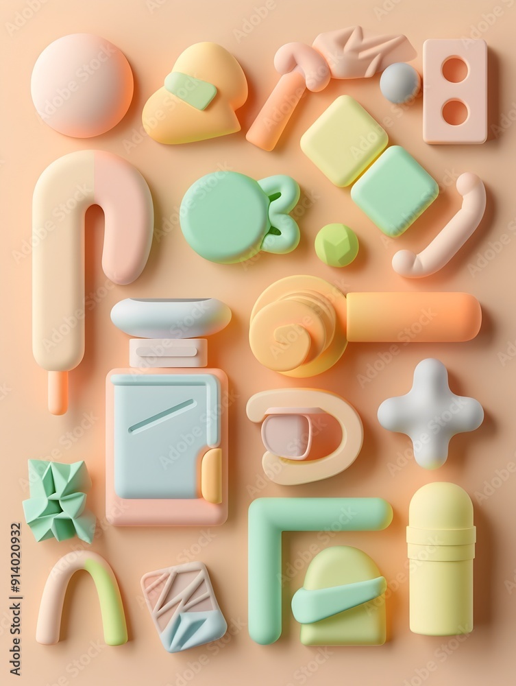 Harmonious Pastel Toned 3D Icon Set with Smooth Rounded Shapes and Soft Shadows on Neutral Background Harmonious Pastel Toned 3D Icon Set with Smooth Rounded Shapes and Soft Shadows on Neutral Background