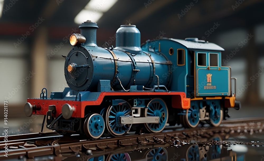 Fototapeta premium Toy vintage steam locomotive on the floor under a decorated Christmas tree on a background of bokeh lights garland. Christmas and New year celebration concept