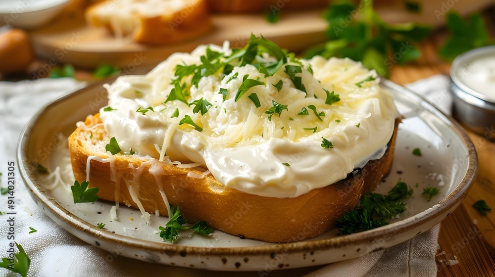 Delicious Buttered Toast with Fresh Herbs Served on a Wooden Plate for Breakfast or Brunch Delicious Buttered Toast with Fresh Herbs Served on a Wooden Plate for Breakfast or Brunch