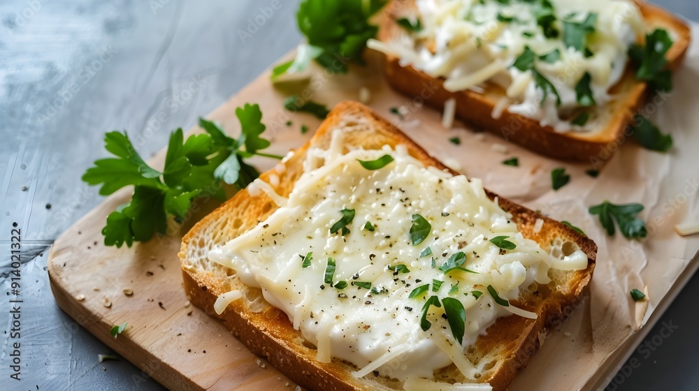 Delicious Open-Faced Sandwich with Creamy Cheese and Fresh Herb Garnish on Wooden Board Delicious Open-Faced Sandwich with Creamy Cheese and Fresh Herb Garnish on Wooden Board
