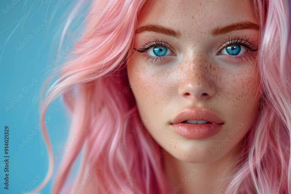 Close-up portrait of a woman with intense blue eyes and vibrant pink hair, highlighting her freckles and natural beauty in a soft focus shot. Close-up portrait of a woman with intense blue eyes and vibrant pink hair, highlighting her freckles and natural beauty in a soft focus shot.