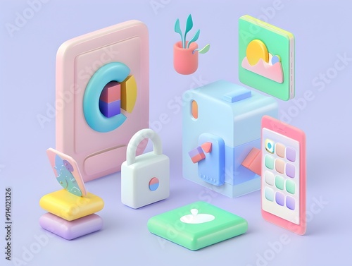 Vibrant Pastel Gradient Isometric 3D Icon Set with Phone Message Calendar and User Profile Elements