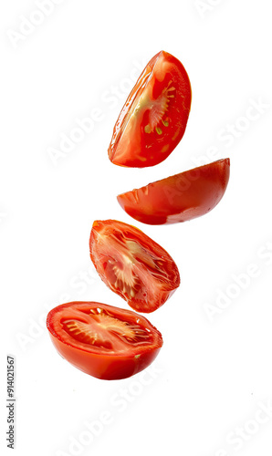 Flying tomato isolated on white background. Tomato collection. slices and chunks of tomatoes