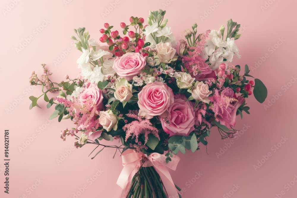 Fototapeta premium A beautiful bouquet of pink and white flowers arranged against a soft pink background, creating a romantic and elegant floral display.