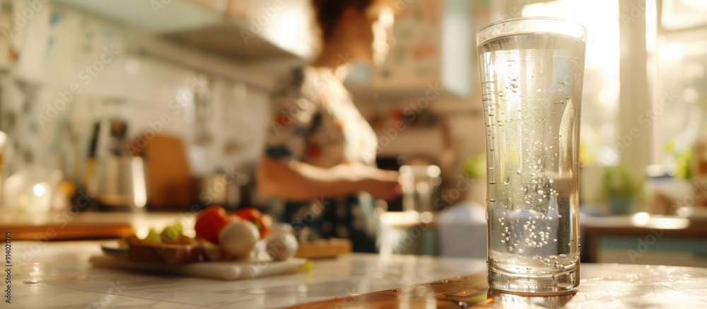Close-up of a glass of clean cold water on the kitchen table, woman in the background preparing food. Healthy lifestyle and drinking water in quantity, metabolism. Close-up of a glass of clean cold water on the kitchen table, woman in the background preparing food. Healthy lifestyle and drinking water in quantity, metabolism.