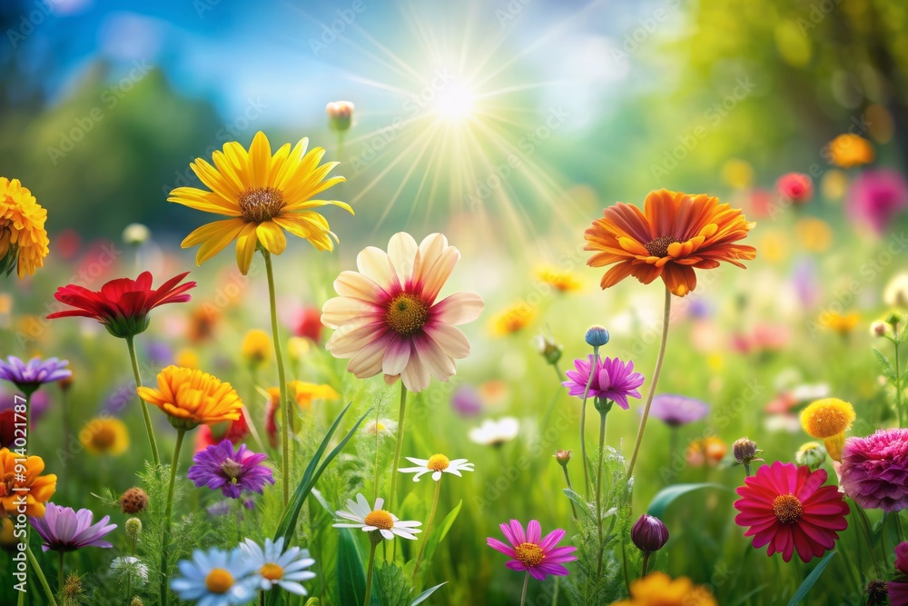 Vibrant colorful flowers bloom in lush green meadow on sunny day with gentle breeze, soft focus background and ample space for text, perfect for spring theme. Vibrant colorful flowers bloom in lush green meadow on sunny day with gentle breeze, soft focus background and ample space for text, perfect for spring theme.