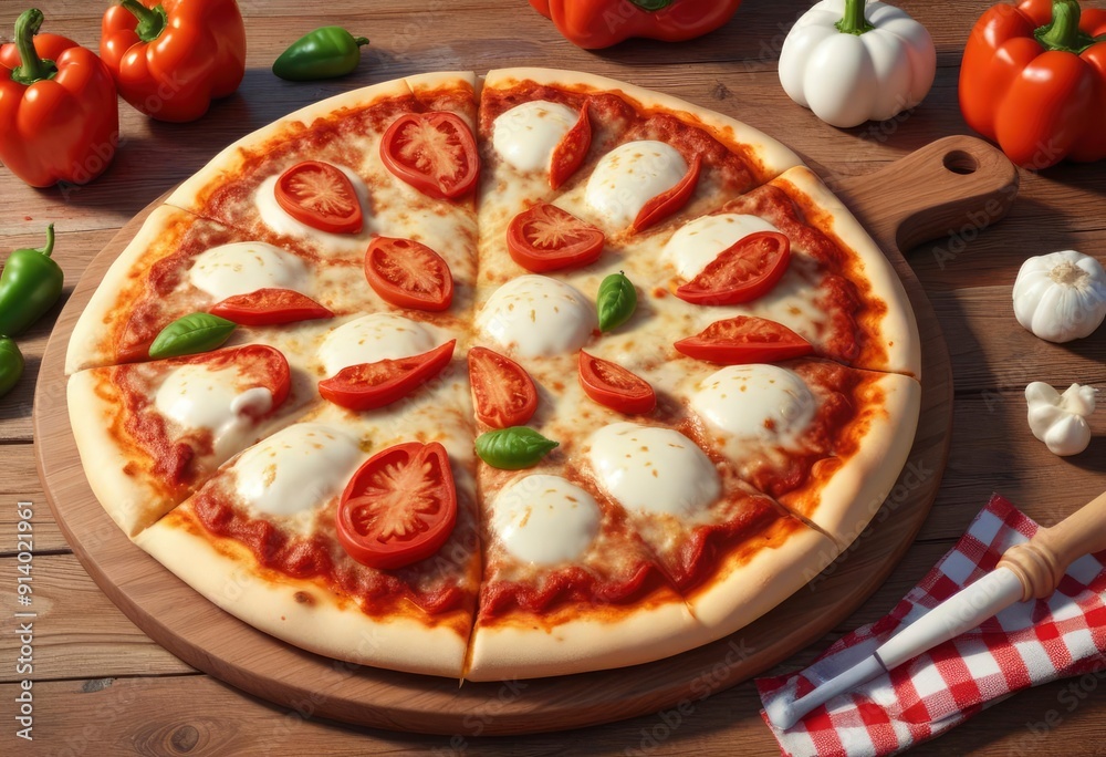 3d model, A freshly baked pizza on a wooden pizza peel, topped with melted mozzarella cheese, vibrant red tomato sauce, and colorful bell peppers, placed on a rustic wooden table with a checkered , ai