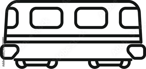 Simple line art icon of a passenger train car moving on railroad tracks