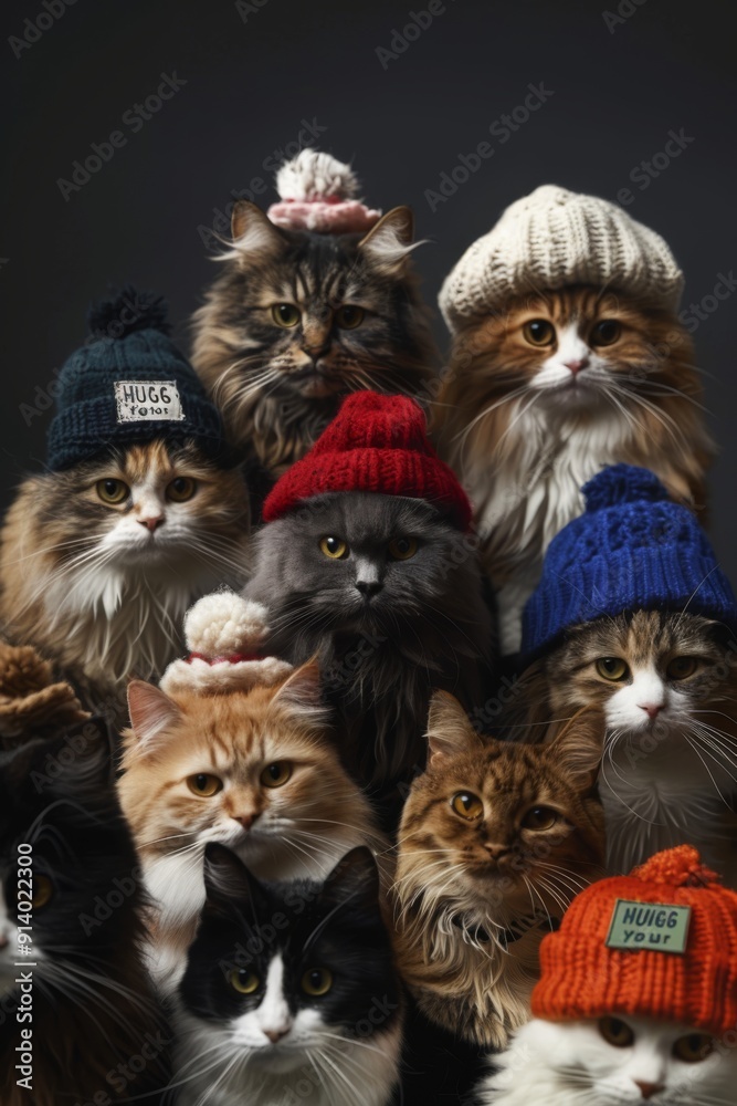 A heartwarming scene featuring multiple cats, each donning a tiny hat, gathered around a 'hug your cat' banner, promoting feline affection. The image exudes warmth and playfulness. A heartwarming scene featuring multiple cats, each donning a tiny hat, gathered around a 'hug your cat' banner, promoting feline affection. The image exudes warmth and playfulness.
