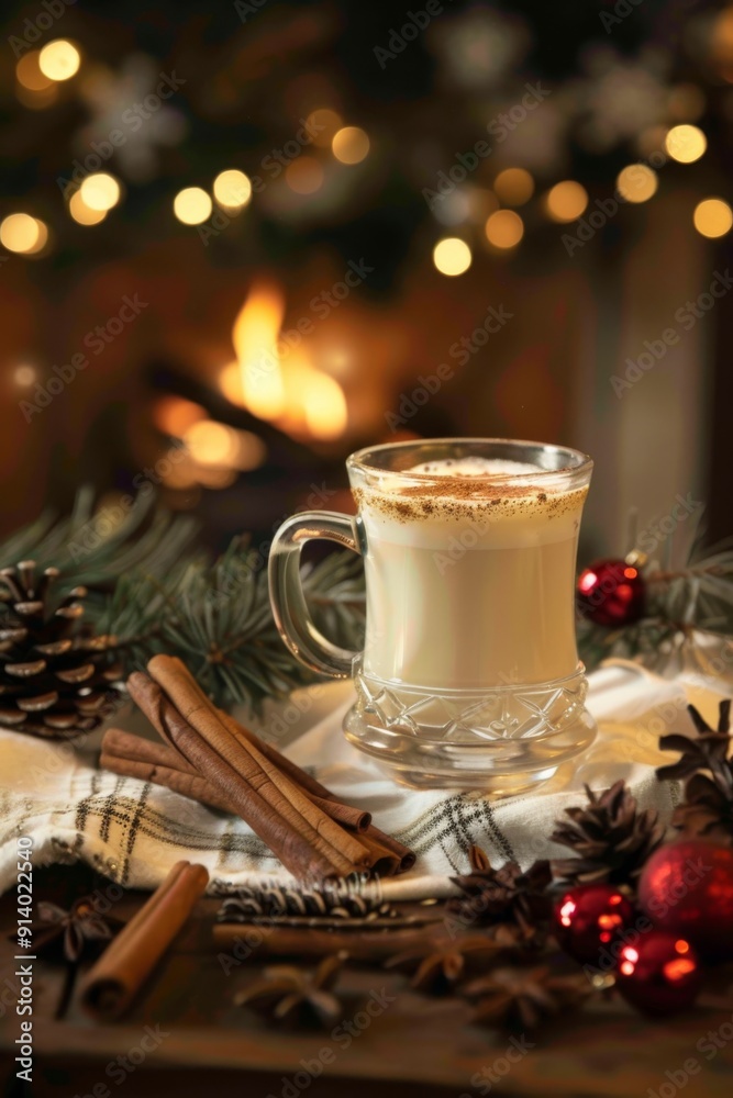 A cozy snow scene featuring a mug of eggnog warming on an open fire. A cozy snow scene featuring a mug of eggnog warming on an open fire.