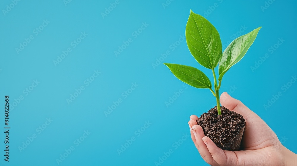 A hand holding a small plant with green leaves and soil, symbolizing growth and environmental care against a blue background. A hand holding a small plant with green leaves and soil, symbolizing growth and environmental care against a blue background.