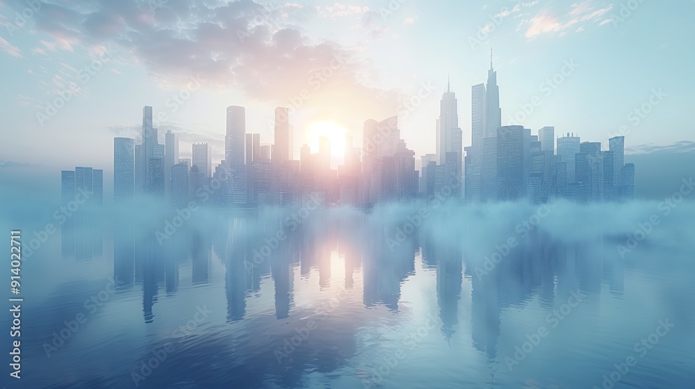 Fototapeta premium Dawn Breaking Over a Misty City Skyline Reflected in Calm Waters