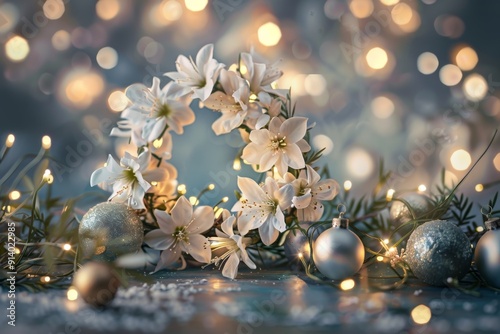 Delicate white flowers form the shape of '2025' surrounded by twinkling fairy lights and festive ornaments, creating a magical atmosphere. Perfect for a New Year's Eve celebration or special occasion.