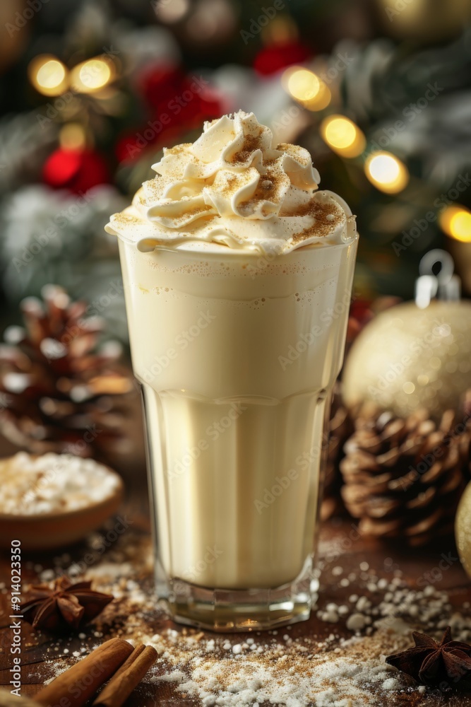 A glass overflowing with creamy eggnog and topped with a generous dollop of whipped cream, perfect for the holiday season. The sweet and velvety texture is almost palpable. A glass overflowing with creamy eggnog and topped with a generous dollop of whipped cream, perfect for the holiday season. The sweet and velvety texture is almost palpable.