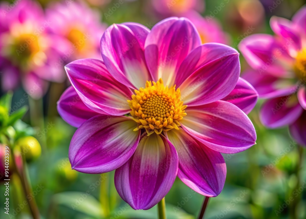 Delicate flower with pinkish purple petals and vibrant yellow stamen, edges of each petal gradating to a deeper richer pink tone, exuding elegance. Delicate flower with pinkish purple petals and vibrant yellow stamen, edges of each petal gradating to a deeper richer pink tone, exuding elegance.