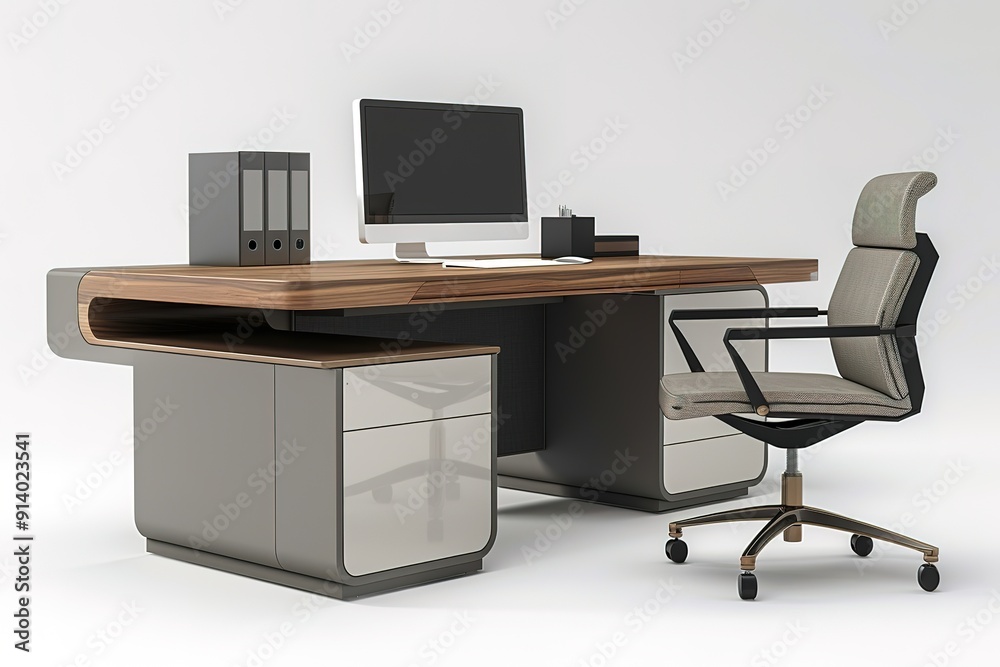 Stylish office interior with comfortable chair, desk, laptop and houseplants Stylish office interior with comfortable chair, desk, laptop and houseplants
