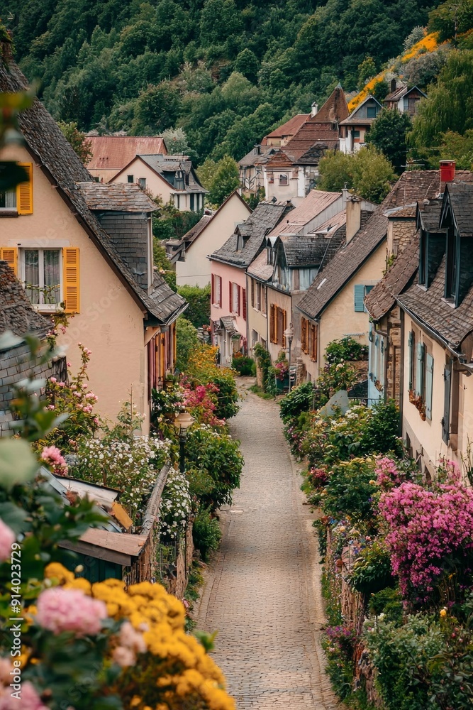 Naklejka premium Bird's-eye view of a European village in spring, with pastel-colored houses and blooming flowers lining the streets.